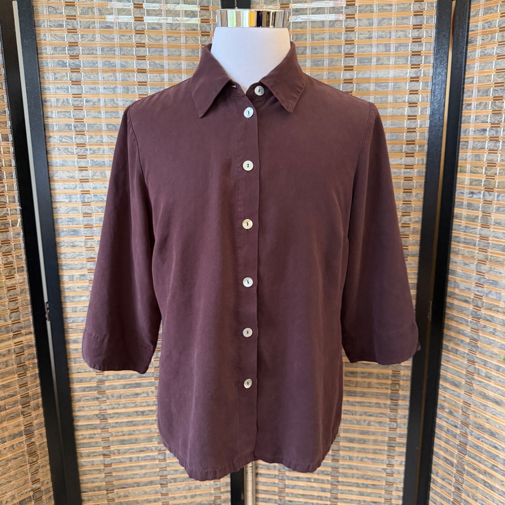 Russ Berens Malibu Button Down Womens XL Brown Tencel Mother of Pearl USA Made